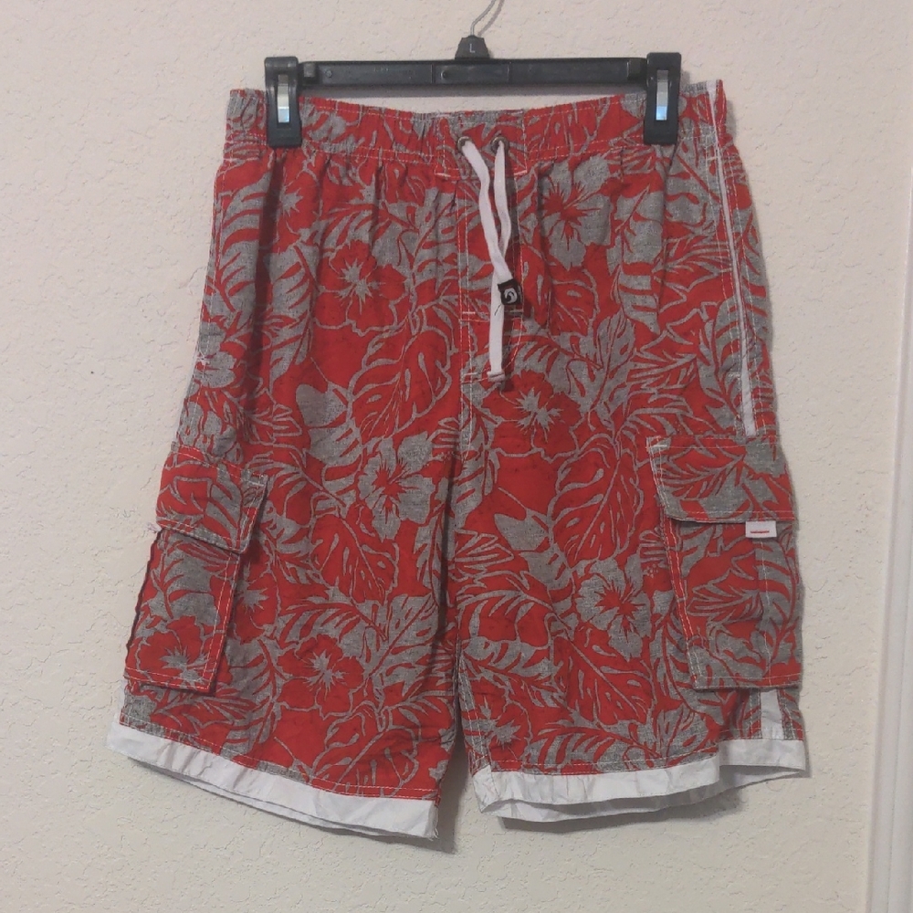Banana Split Men's Red & Gray Tropical Print Swim Trunks. Size L